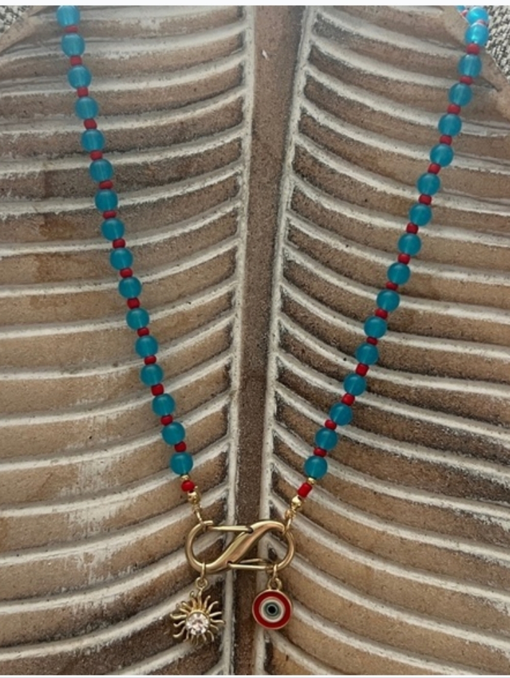 MAYAMAR 24k Gold Plated Sun Evil Eye Charm Necklace with Turquoise & Red Beads - Picture 2 of 4